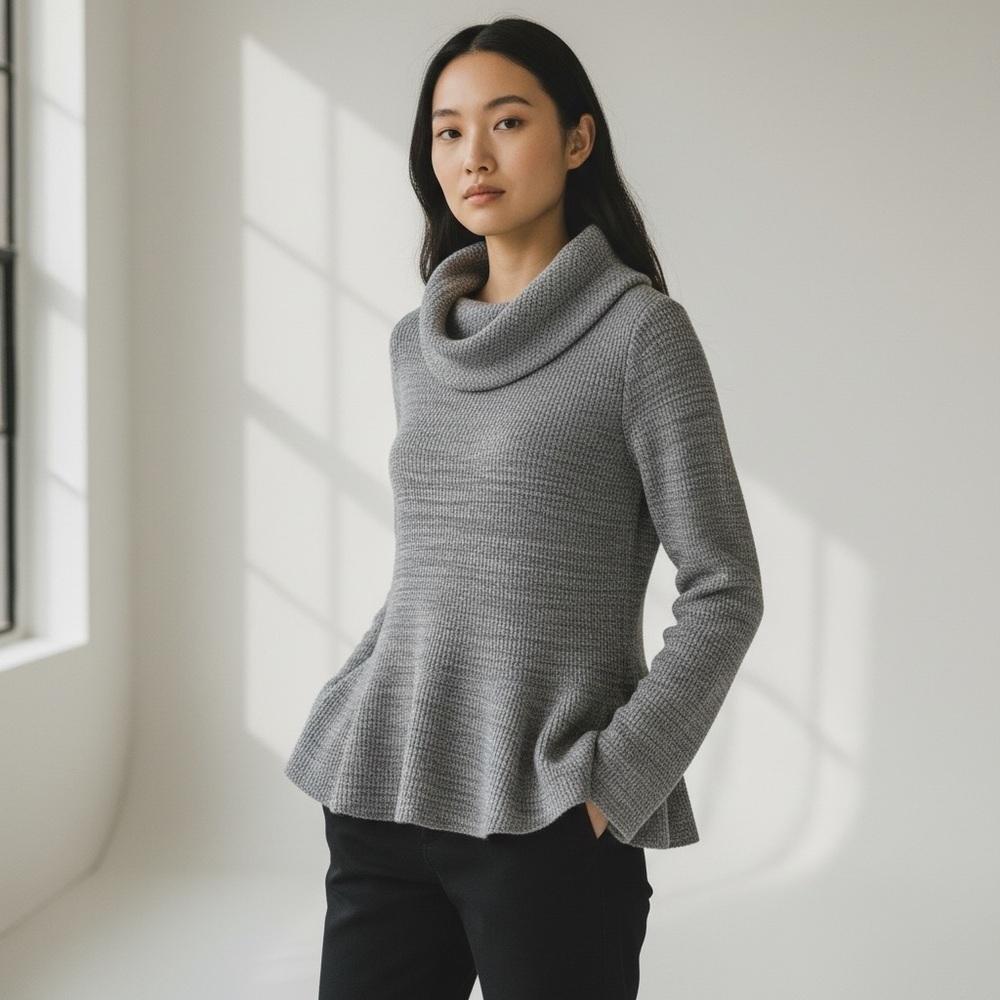 Anthropologie Winterscape Heather  KnitCowl Neck Peplum Sweater Gray Knit‎ Small